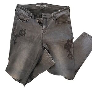 Old Navy Rockstar Floral Embroidered Distressed Hem Gray Wash‎ Jeans Size 12